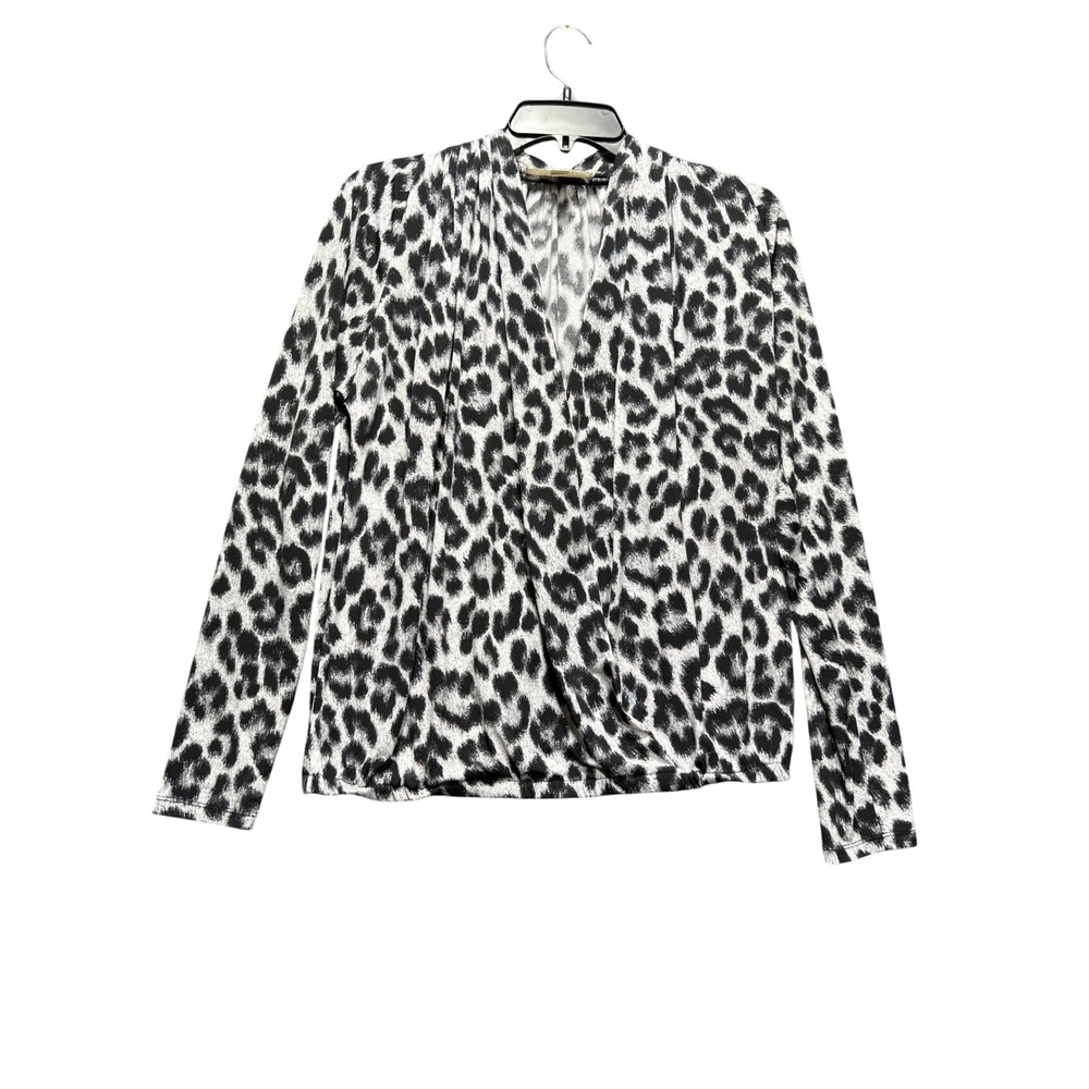 Michael Kors Faux Wrap Top Women S Black White Leopard Surplice Long Sleeve
